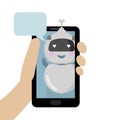 Chat bot in love on the phone screen. Kawaii is a robot assistant for online communication with single people. Cute cartoon robot