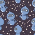 Seamless pattern with a blue robot on a starry sky. Vector image on a white background. Children`s pattern for printing on fabric, Royalty Free Stock Photo