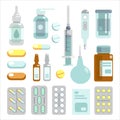 Set of medical supplies, bottles liquids, thermometer, syringe, enema, pills vector flat illustration. Royalty Free Stock Photo