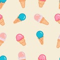 Various tasty ice cream in waffle cones. Minimalistic icons. Colored vector seamless pattern Royalty Free Stock Photo