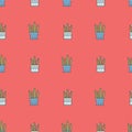 Blue flower pots. Succulent or cactus. Home plants. Minimalistic floral icons. Colored vector seamless pattern Royalty Free Stock Photo