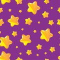 Seamless pattern with falling cute yellow stars on violet background. Royalty Free Stock Photo