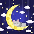 Cute cat sleeping on the moon. Good night design concept.