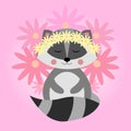 Cute raccoon with flowers. North American raccoon, native mammal Royalty Free Stock Photo