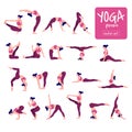 Yoga workout girl set. Collection of young woman performing physical exercises. demonstrating various yoga positions, Colourful f