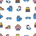 Various clothes, shoes, glasses, bags, socks, jeans. Minimalistic icons. Colorful graphic vector seamless pattern