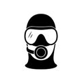 Skuba diver wearing skuba diving mask, black and white illustration