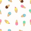 Tasty various ice cream in a waffle cone. Vanilla, chocolate, strawberry. Colored vector seamless pattern