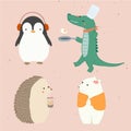 Cute Penguin wearing headphones, crocodile, polar bear, colorful illustration