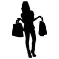 Young modern woman with shopping bags, black and white illustration