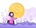 Happy woman thumbs up and holds big coin Royalty Free Stock Photo