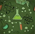 Science lab. test tubes, beaker, flask, molecules.