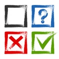 Design of check list marks, choice options, test, quiz or survey signs. Square boxes with blue question, red x and green tick chec