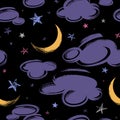 Seamless pattern with clouds, moon and stars isolated on black background. Night time. Illustration in hand drawn style.