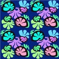 Marine multi-colored pattern. Seamless pattern with bright, neon shells on a dark blue background. Seamless marine background. Royalty Free Stock Photo