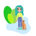 Cute little girl with big eyes and green hair in a yellow jacket and blue pants next to her red cat Royalty Free Stock Photo