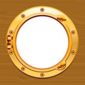 Blank ship porthole on wooden background.