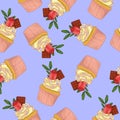 Cupcakes with colorful cream, sprinkles, roses and chocolate seamless pattern