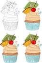 Pina colada cupcakes with colorful cream, pineapple, cherry and umbrella in four different ways.