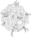 Mix flowers bouquet with roses, sunflowers and berry sticks sketch. Vector illustration in black and white. Royalty Free Stock Photo