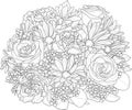 Mix flowers bouquet with roses, carnation flowers and gerbera daisy sketch. Vector illustration in black and white with small flow Royalty Free Stock Photo