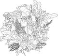 Mix flowers bouquet with roses and small flowers sketch. Vector illustration in black and white. Royalty Free Stock Photo