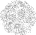 Mix flowers bouquet with roses and gerbera daisy sketch. Vector illustration in black and white. Royalty Free Stock Photo