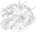 Mix flowers, fruits and sweets bouquet with roses sketch. Vector illustration in black and white.