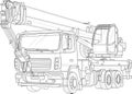 Truck crane realistic sketch. Vector illustration in black and white. Royalty Free Stock Photo