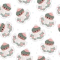 Cute little cartoon animal in winter clothes in snow making snow angels seamless pattern.