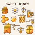 Honey set. Collection of beekeeping. Cartoon apiary set. Illustration of beehive, bees and honeycombs. Royalty Free Stock Photo