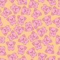 Cute pink pig on orange background seamless pattern.