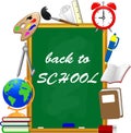 Welcome back to school text drawing by colorful chalk in blackboard with school items and elements Royalty Free Stock Photo