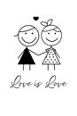 WebVector design of gay women couple in love holding hands and smiling. Love is love. LGBTQ Royalty Free Stock Photo