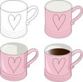 Simple pink cup, mug with heart vector illustration. Coloring paper,