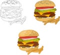 Cheeseburger with fries sketch three different ways. Vector illustration color and in black and white.