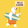 Cartoon bear in a flat style with a surfboard. Funny vector illustration. Can be used as an element for cards, banners, posters.