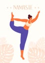 Young girl stands in yoga pose and meditating. Physical and spiritual practice. Vector modern illustration in flat style.