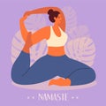 Young girl sitting in yoga pose and meditating. Physical and spiritual practice. Vector modern illustration in flat style.