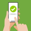 Hand holding smartphone with green check. Royalty Free Stock Photo