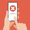 Hand holding smartphone with wrong password. Royalty Free Stock Photo