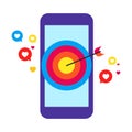 Vector illustration of a mobile phone with a target drawn on the screen with an arrow. Business. Darts. Targeted adver