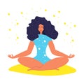 Vector illustration of a woman with long wavy hair doing yoga. Fitness. Healthy lifestyle. Lotus position Workout at home. Body. Royalty Free Stock Photo