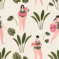 Tropical pattern with girls in summer swimsuits. Body positive. Vector seamless texture.