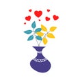 Vector illustration of a vase with flowers. Branches with leaves. Hearts.