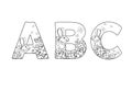 ABC. Three letters decorated with flowers, butterflies and rabbits - a linear picture for coloring. The first three capital letter Royalty Free Stock Photo