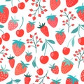 Decorative seamless pattern with fruits, strawberries, cherries and currants