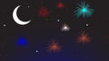 Eid Mubarok celebration | fireworks in the night sky with moon - over 4k resolution Royalty Free Stock Photo