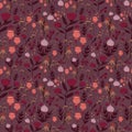 Vector seamless pattern with hand drawing mystery and fantastic pink and violet flowers on dark purple backgroud