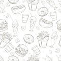 Vector illustration of a seamless black and white pattern with fast food. Royalty Free Stock Photo